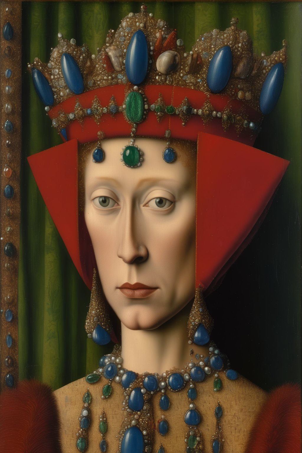 00442-3179882-_lora_Jan van Eyck Style_1_Jan van Eyck Style - a Jan Van Eyck style painted portrait of a queen wearing medieval jewels.png